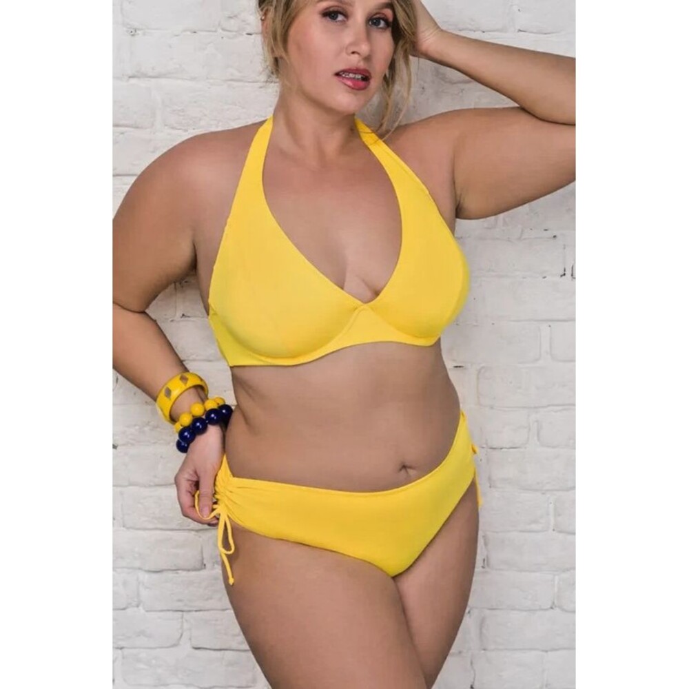Womens  L/XL Cup D Yellow Swimsuit  2 Piece Halter  Bikini Set Underwire Padded